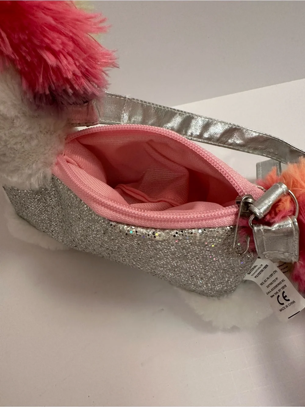 Plush Unicorn Glitter Crossbody Bag - Silver & Rainbow